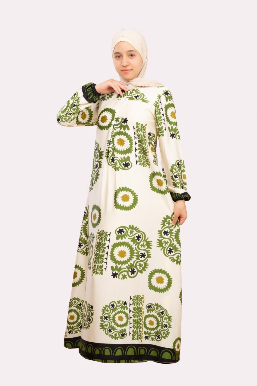 فستان ساتان مزهر للفتيات من Hijaby.eg، تصميم أنيق وملون بطول ميدي مع تفاصيل زهرية جميلة